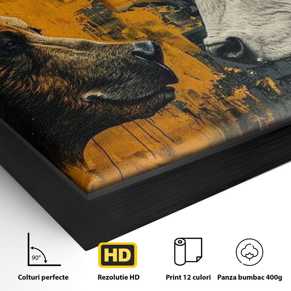 Detaliu al suprafetei: tablou canvas cu urs si taur, in rama de aluminiu negru
